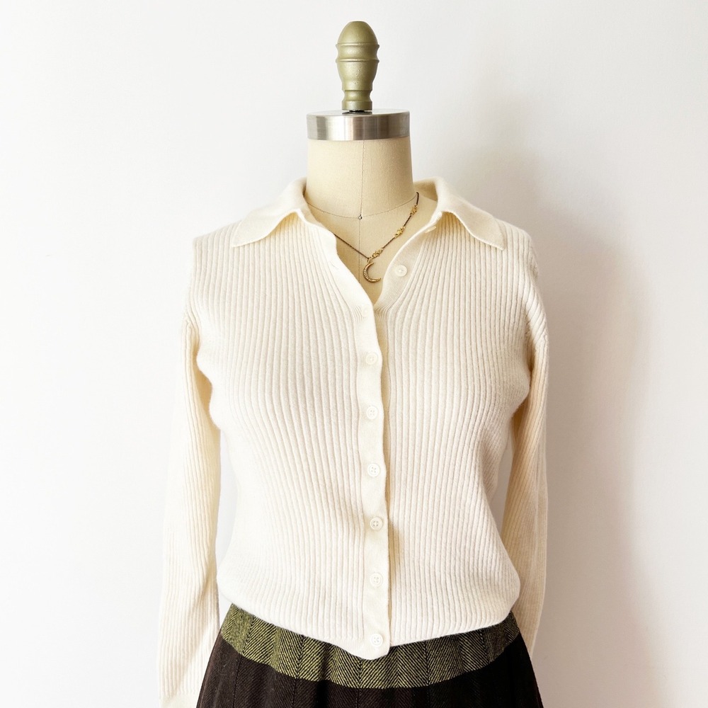 Open Edit Cardigan Cream Ivory 100% Merino Wool Ribbed Collared Button Front M